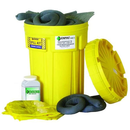 Spill Kit, 28 gal Volume Absorbed per Kit, 30 gal Capacity, Drum, Yellow, 58