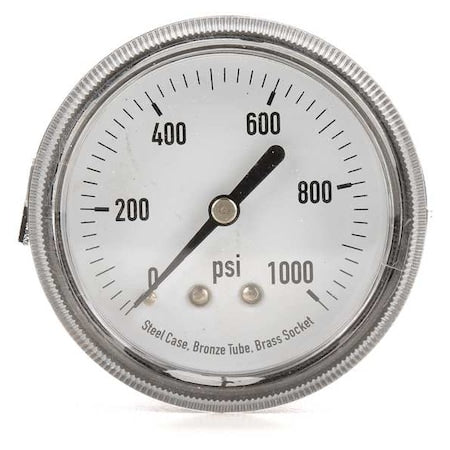 Panel-Mount Pressure Gauge, 0 to 1, 000 psi, 2 1/2 in Dial, 1/4 in NPT, Center Back Location