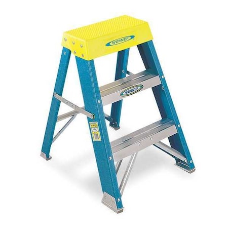 Step Stand, 2 Steps, 250 lb Load Capacity, 24 in Overall Height, Fiberglass, Blue/Silver/Yellow