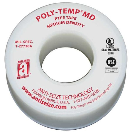 Thread Sealant Tape, Poly-Temp, Medium Density, 1/2 in W x 43 ft L, White