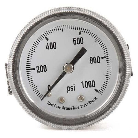 Panel-Mount Pressure Gauge, 0 to 1, 000 psi, 2 in Dial, 1/8 in NPT, Center Back Location