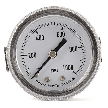 Panel-Mount Pressure Gauge, 0 to 1, 000 psi, 2 in Dial, 1/4 in NPT, Center Back Location
