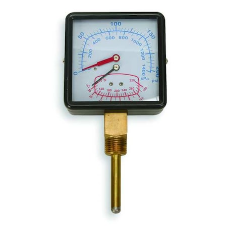 Boiler Gauge, Square, 0-200PSI, 80 to 320 F