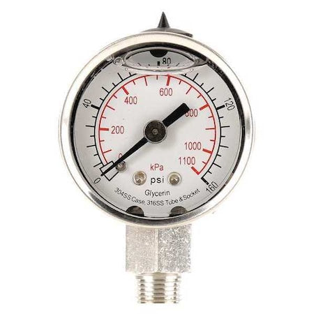 Commercial Pressure Gauge, 0 to 160 psi, 1 1/2 in Dial, 1/8 in NPT, Bottom Location