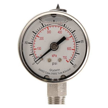 Commercial Pressure Gauge, 0 to 100 psi, 2 in Dial, 1/4 in NPT, Bottom Location