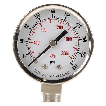 Commercial Pressure Gauge, 0 to 60 psi, 2 in Dial, 1/4 in NPT, Bottom Location