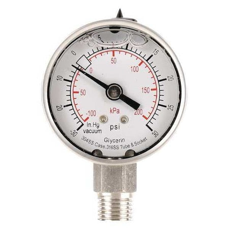 Commercial Compound Gauge, 30 to 0 to 30 psi, 2 in Dial, 1/4 in NPT, Bottom Location