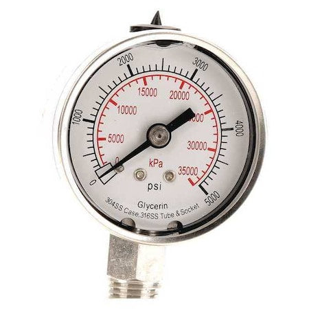 Commercial Pressure Gauge, 0 to 5, 000 psi, 2 in Dial, 1/4 in NPT, Bottom Location