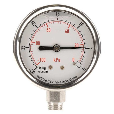 Vacuum Gauge, Liquid Filled, 2-1/2 In, Case Color: Silver