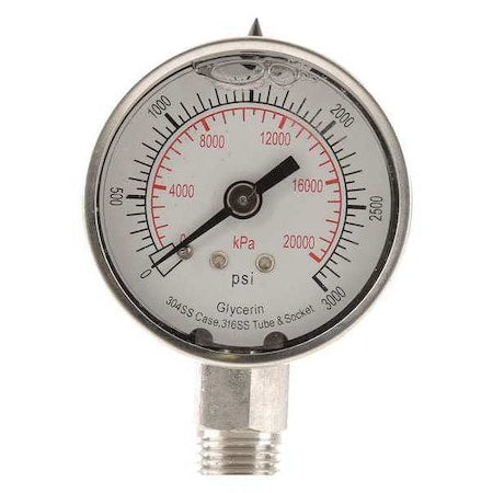 Commercial Pressure Gauge, 0 to 3, 000 psi, 2 in Dial, 1/4 in NPT, Bottom Location