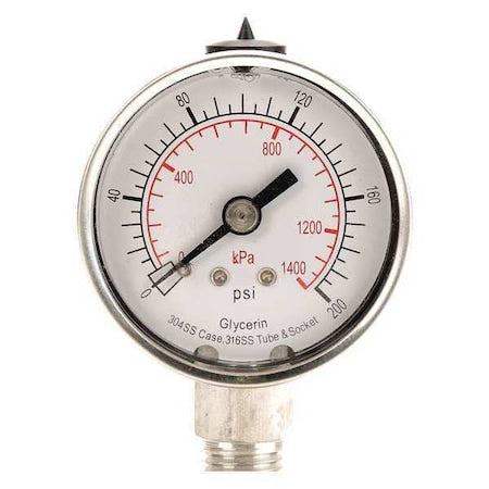 Commercial Pressure Gauge, 0 to 200 psi, 2 in Dial, 1/4 in NPT, Bottom Location
