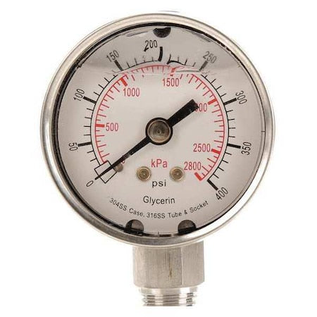 Commercial Pressure Gauge, 0 to 400 psi, 2 in Dial, 1/4 in NPT, Bottom Location