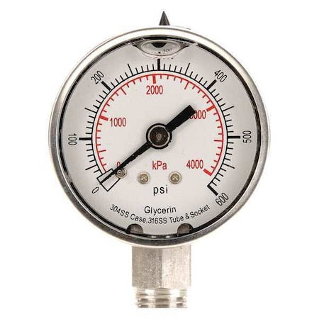 Commercial Pressure Gauge, 0 to 600 psi, 2 in Dial, 1/4 in NPT, Bottom Location