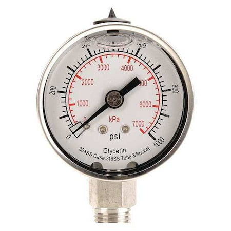 Commercial Pressure Gauge, 0 to 1, 000 psi, 2 in Dial, 1/4 in NPT, Bottom Location