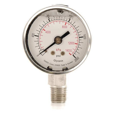 Commercial Pressure Gauge, 0 to 2, 000 psi, 2 in Dial, 1/4 in NPT, Bottom Location