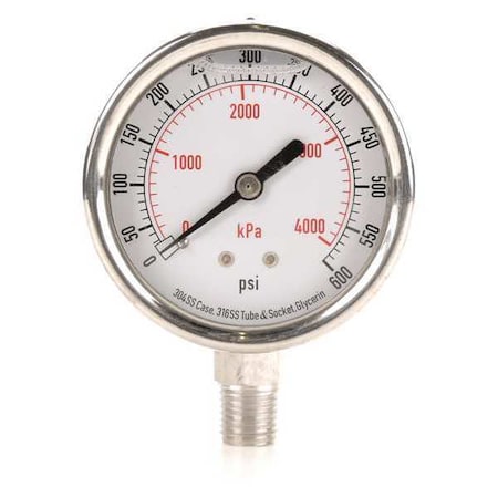 Commercial Pressure Gauge, 0 to 600 psi, 2 1/2 in Dial, 1/4 in NPT, Bottom Location