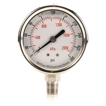 Commercial Pressure Gauge, 0 to 300 psi, 2 1/2 in Dial, 1/4 in NPT, Bottom Location