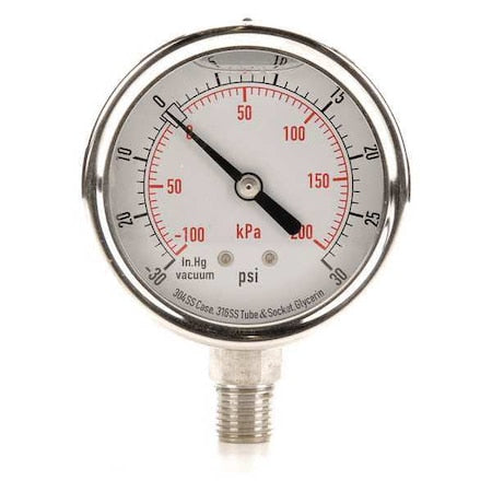Commercial Compound Gauge, 30 to 0 to 30 psi, 2 1/2 in Dial, 1/4 in NPT, Bottom Location