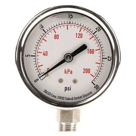 Commercial Pressure Gauge, 0 to 30 psi, 2 1/2 in Dial, 1/4 in NPT, Bottom Location