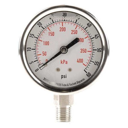 Commercial Pressure Gauge, 0 to 60 psi, 2 1/2 in Dial, 1/4 in NPT, Bottom Location