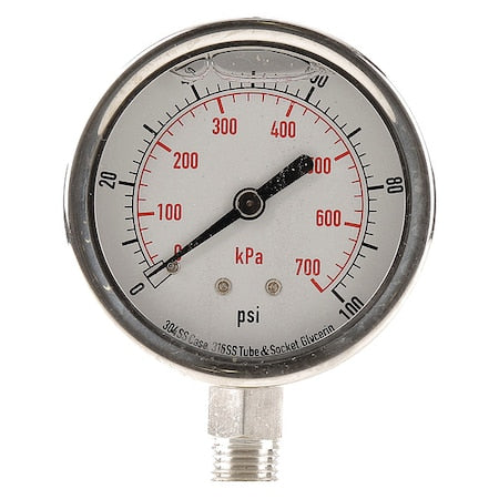Commercial Pressure Gauge, 0 to 100 psi, 2 1/2 in Dial, 1/4 in NPT, Bottom Location