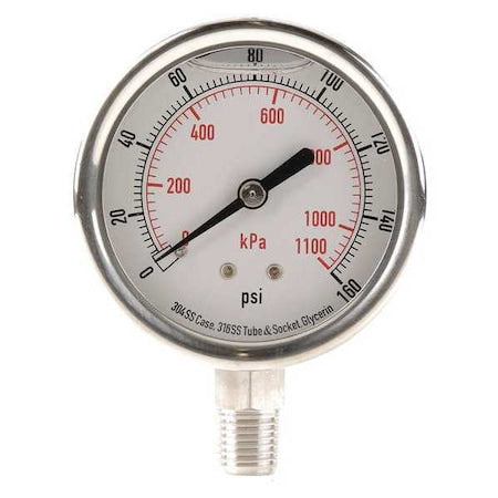 Commercial Pressure Gauge, 0 to 160 psi, 2 1/2 in Dial, 1/4 in NPT, Bottom Location