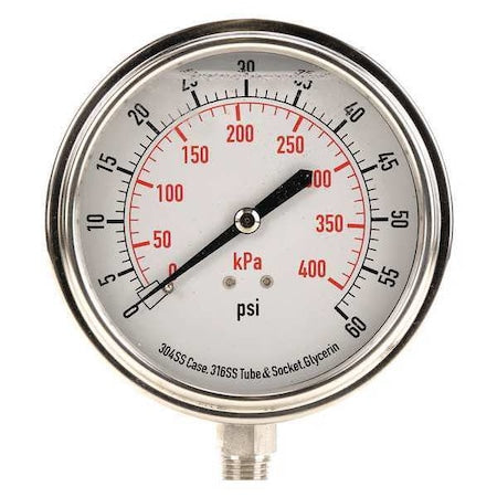 Commercial Pressure Gauge, 0 to 60 psi, 3 1/2 in Dial, 1/4 in NPT, Bottom Location