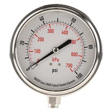 Commercial Pressure Gauge, 0 to 100 psi, 3 1/2 in Dial, 1/4 in NPT, Bottom Location