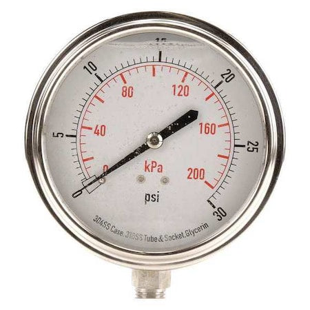 Commercial Pressure Gauge, 0 to 30 psi, 3 1/2 in Dial, 1/4 in NPT, Bottom Location