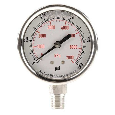 Commercial Pressure Gauge, 0 to 1, 000 psi, 2 1/2 in Dial, 1/4 in NPT, Bottom Location