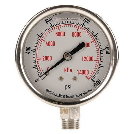 Commercial Pressure Gauge, 0 to 2, 000 psi, 2 1/2 in Dial, 1/4 in NPT, Bottom Location