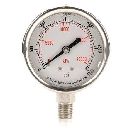 Commercial Pressure Gauge, 0 to 3, 000 psi, 2 1/2 in Dial, 1/4 in NPT, Bottom Location