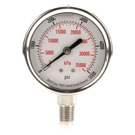 Commercial Pressure Gauge, 0 to 5, 000 psi, 2 1/2 in Dial, 1/4 in NPT, Bottom Location