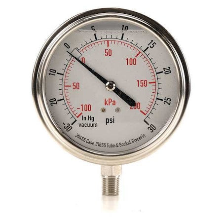 Commercial Compound Gauge, 30 to 0 to 30 psi, 3 1/2 in Dial, 1/4 in NPT, Bottom Location