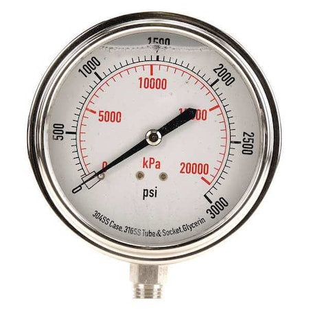 Commercial Pressure Gauge, 0 to 3, 000 psi, 3 1/2 in Dial, 1/4 in NPT, Bottom Location