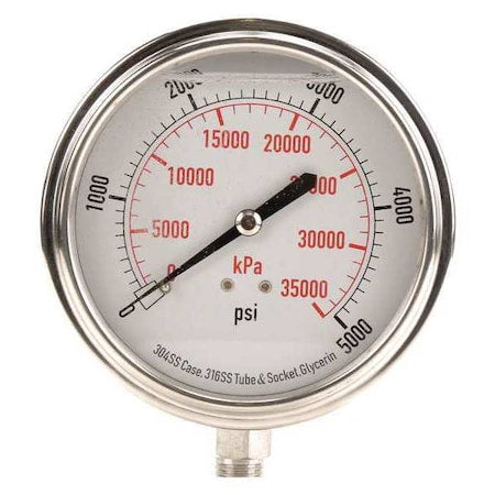 Commercial Pressure Gauge, 0 to 5, 000 psi, 3 1/2 in Dial, 1/4 in NPT, Bottom Location