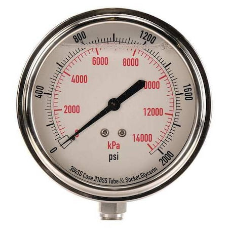 Commercial Pressure Gauge, 0 to 2, 000 psi, 3 1/2 in Dial, 1/4 in NPT, Bottom Location