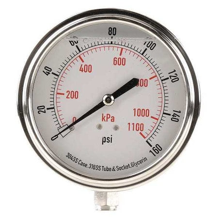 Commercial Pressure Gauge, 0 to 160 psi, 3 1/2 in Dial, 1/4 in NPT, Bottom Location