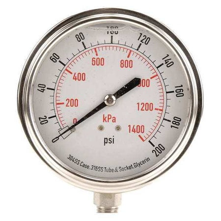 Commercial Pressure Gauge, 0 to 200 psi, 3 1/2 in Dial, 1/4 in NPT, Bottom Location