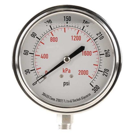 Commercial Pressure Gauge, 0 to 300 psi, 3 1/2 in Dial, 1/4 in NPT, Bottom Location
