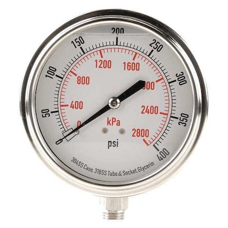 Commercial Pressure Gauge, 0 to 400 psi, 3 1/2 in Dial, 1/4 in NPT, Bottom Location