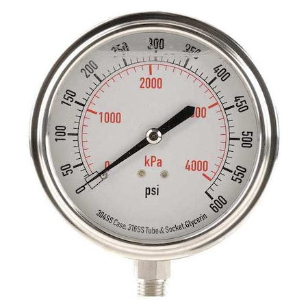 Commercial Pressure Gauge, 0 to 600 psi, 3 1/2 in Dial, 1/4 in NPT, Bottom Location