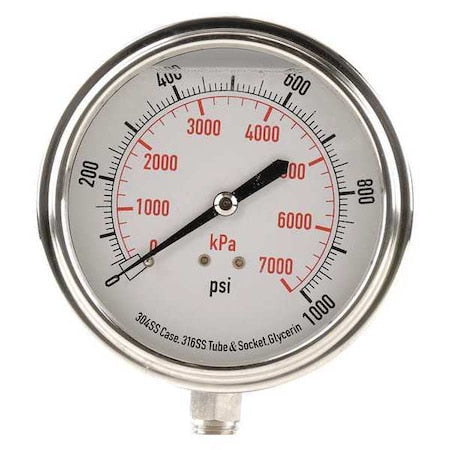 Commercial Pressure Gauge, 0 to 1, 000 psi, 3 1/2 in Dial, 1/4 in NPT, Bottom Location