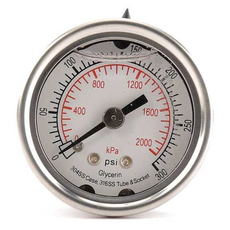 Commercial Pressure Gauge, 0 to 300 psi, 1 1/2 in Dial, 1/8 in NPT, Center Back Location