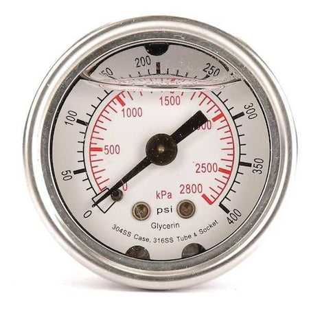 Commercial Pressure Gauge, 0 to 400 psi, 1 1/2 in Dial, 1/8 in NPT, Center Back Location