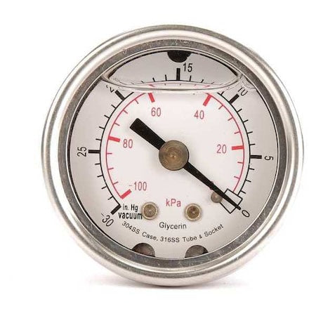 Commercial Pressure Gauge, 0 to 60 psi, 1 1/2 in Dial, 1/8 in NPT, Center Back Location