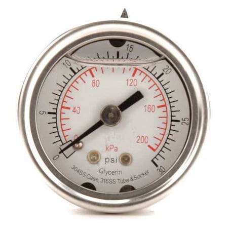 Commercial Pressure Gauge, 0 to 30 psi, 1 1/2 in Dial, 1/8 in NPT, Center Back Location