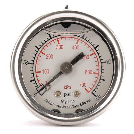 Commercial Pressure Gauge, 0 to 100 psi, 1 1/2 in Dial, 1/8 in NPT, Center Back Location