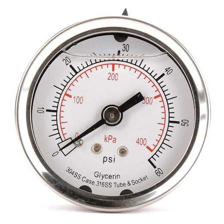 Commercial Pressure Gauge, 0 to 60 psi, 2 in Dial, 1/4 in NPT, Center Back Location