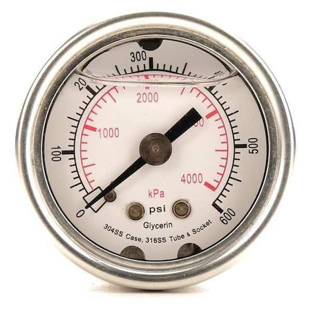 Commercial Pressure Gauge, 0 to 600 psi, 1 1/2 in Dial, 1/8 in NPT, Center Back Location